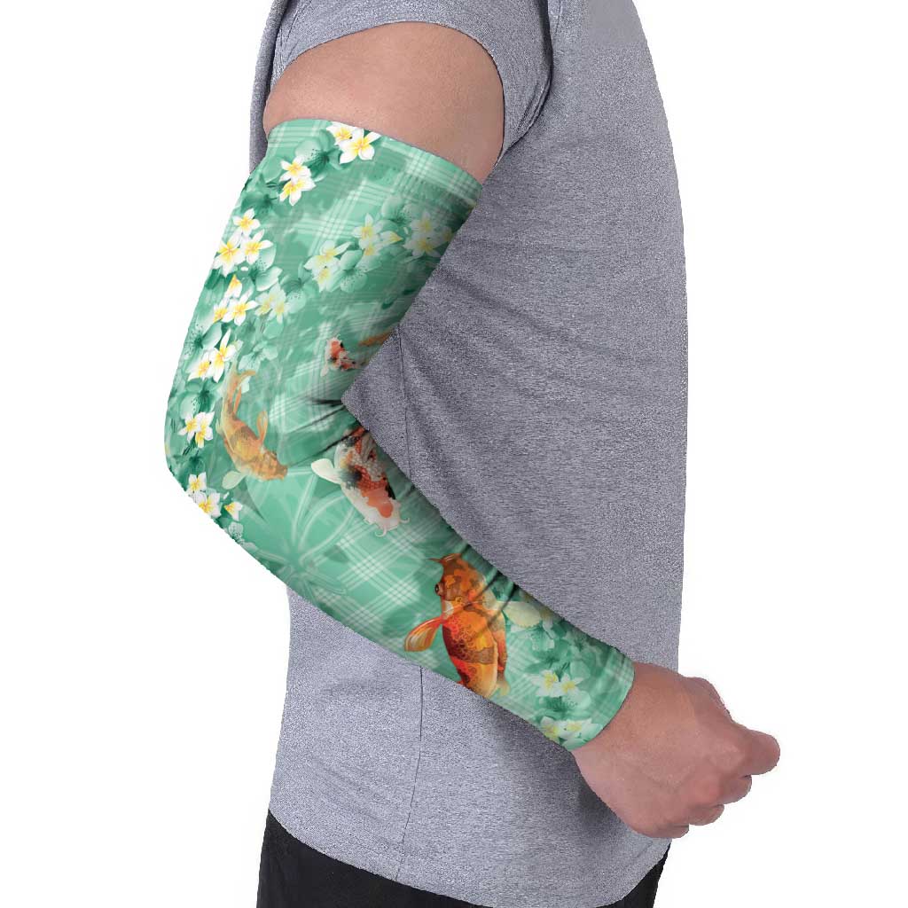 Green Palaka Hawaiian And Japanese Arm Sleeves Sakura Lei With Koi Fish - Polynesian Pride
