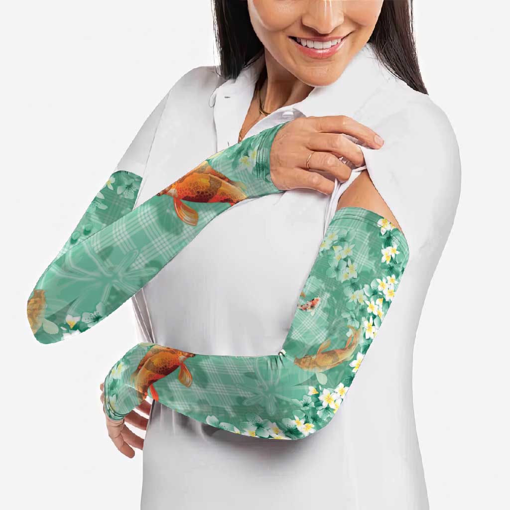 Green Palaka Hawaiian And Japanese Arm Sleeves Sakura Lei With Koi Fish - Polynesian Pride