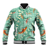 Green Palaka Hawaiian And Japanese Baseball Jacket Sakura Lei With Koi Fish - Polynesian Pride