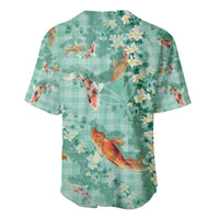 Green Palaka Hawaiian And Japanese Baseball Jersey Sakura Lei With Koi Fish - Polynesian Pride