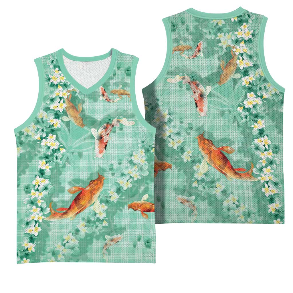 Green Palaka Hawaiian And Japanese Basketball Jersey Sakura Lei With Koi Fish - Polynesian Pride