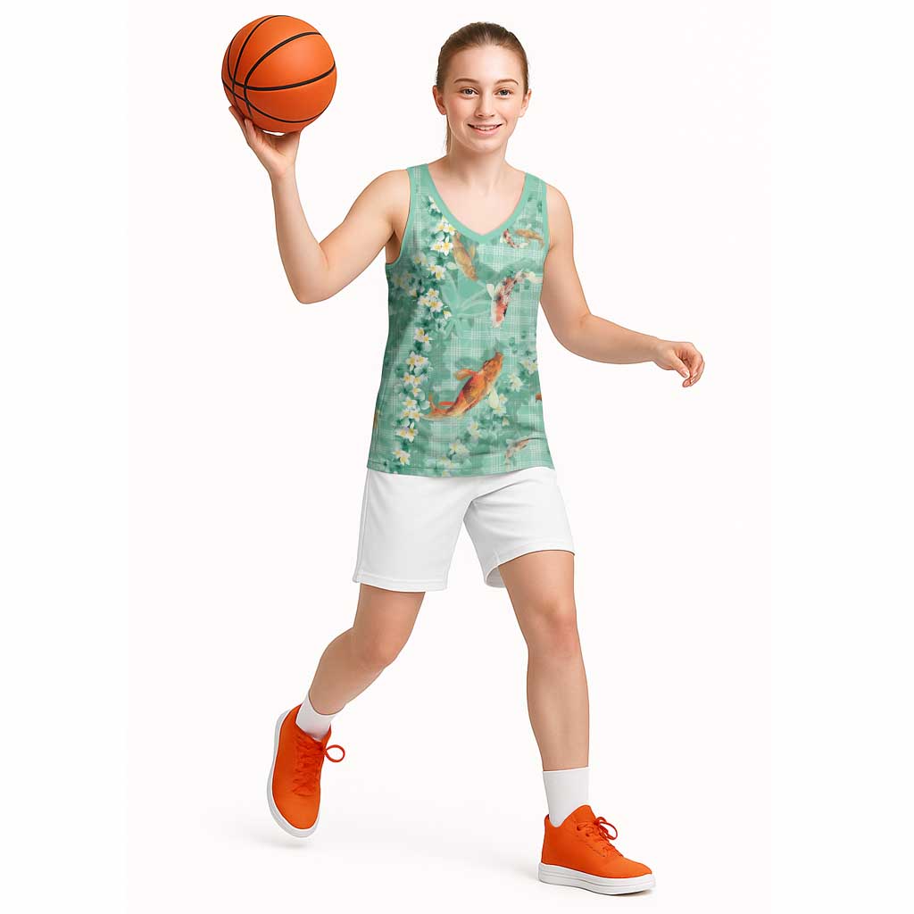 Green Palaka Hawaiian And Japanese Basketball Jersey Sakura Lei With Koi Fish - Polynesian Pride