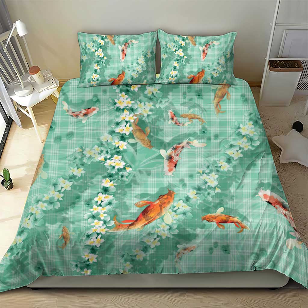 Green Palaka Hawaiian And Japanese Bedding Set Sakura Lei With Koi Fish - Polynesian Pride