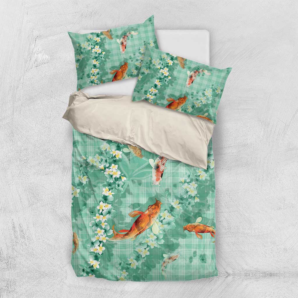 Green Palaka Hawaiian And Japanese Bedding Set Sakura Lei With Koi Fish - Polynesian Pride