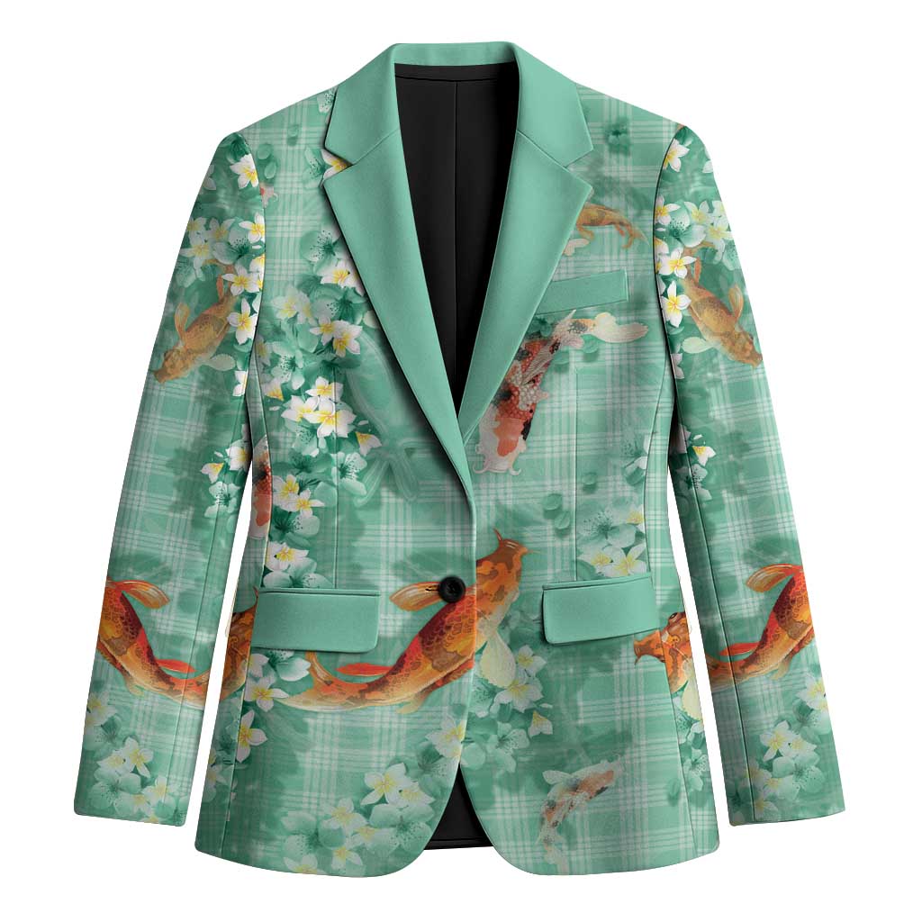 Green Palaka Hawaiian And Japanese Blazer Sakura Lei With Koi Fish - Polynesian Pride