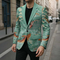 Green Palaka Hawaiian And Japanese Blazer Sakura Lei With Koi Fish - Polynesian Pride
