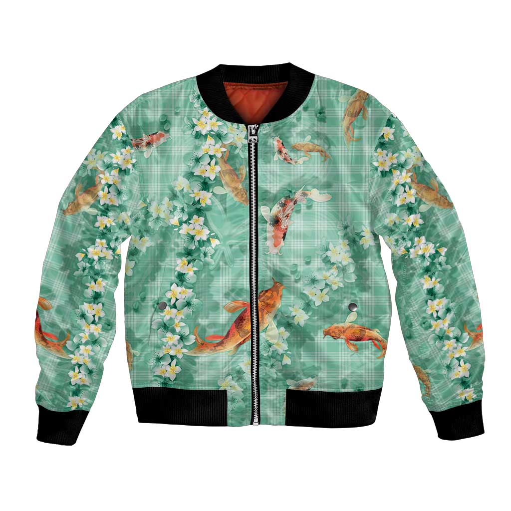 Green Palaka Hawaiian And Japanese Bomber Jacket Sakura Lei With Koi Fish - Polynesian Pride