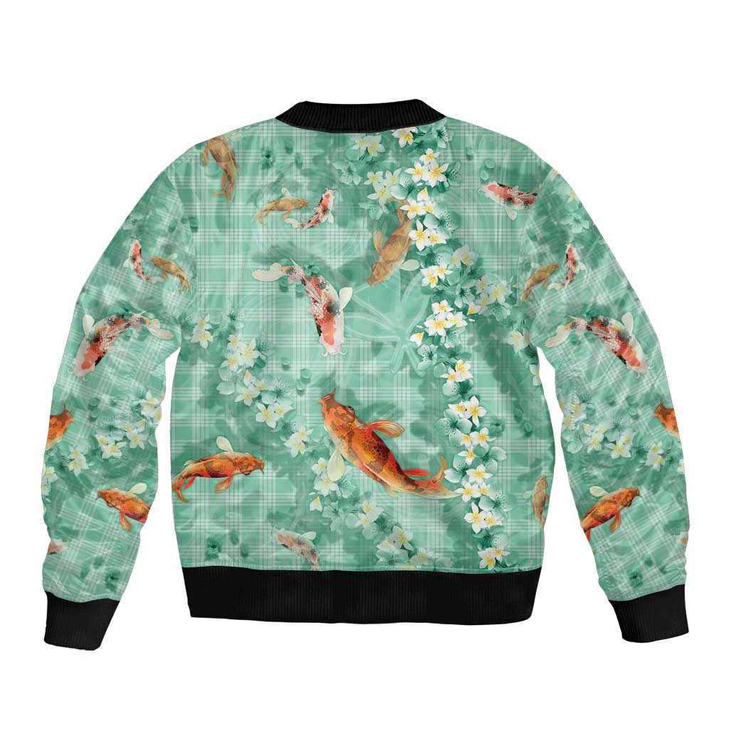 Green Palaka Hawaiian And Japanese Bomber Jacket Sakura Lei With Koi Fish - Polynesian Pride