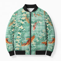 Green Palaka Hawaiian And Japanese Bomber Puffer Jacket Sakura Lei With Koi Fish - Polynesian Pride