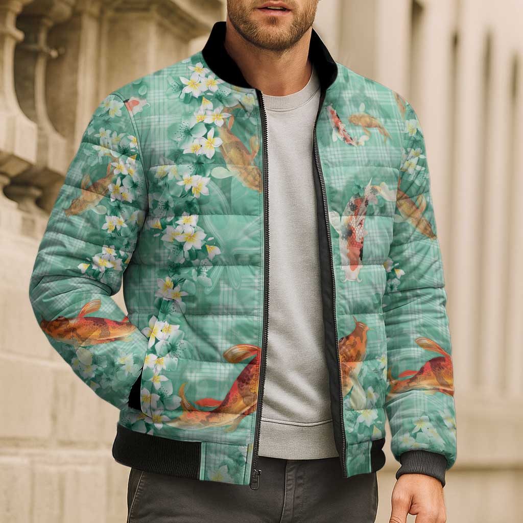 Green Palaka Hawaiian And Japanese Bomber Puffer Jacket Sakura Lei With Koi Fish - Polynesian Pride