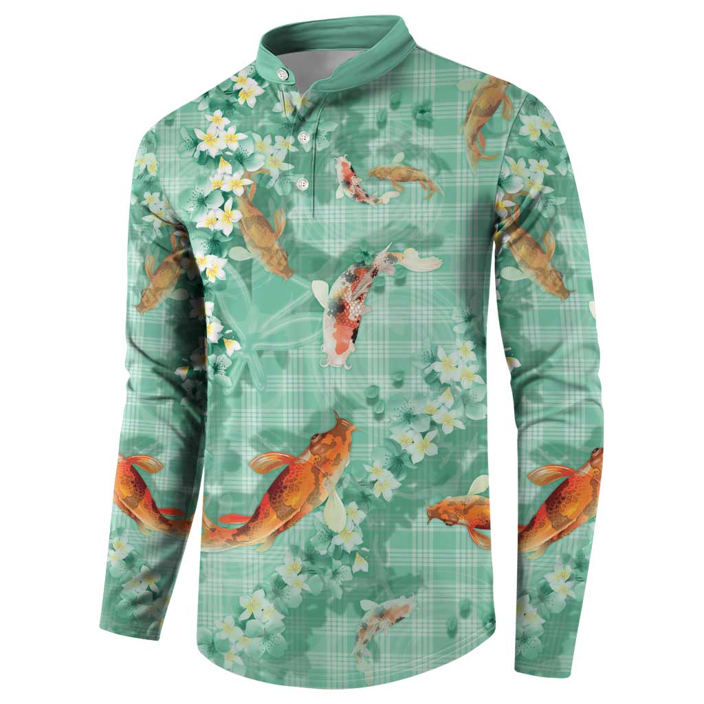 Green Palaka Hawaiian And Japanese Button Sweatshirt Sakura Lei With Koi Fish - Polynesian Pride