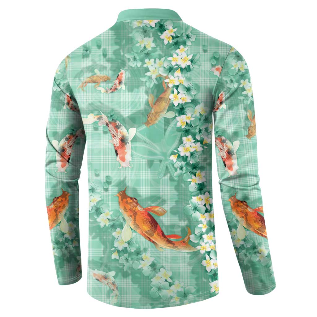 Green Palaka Hawaiian And Japanese Button Sweatshirt Sakura Lei With Koi Fish - Polynesian Pride