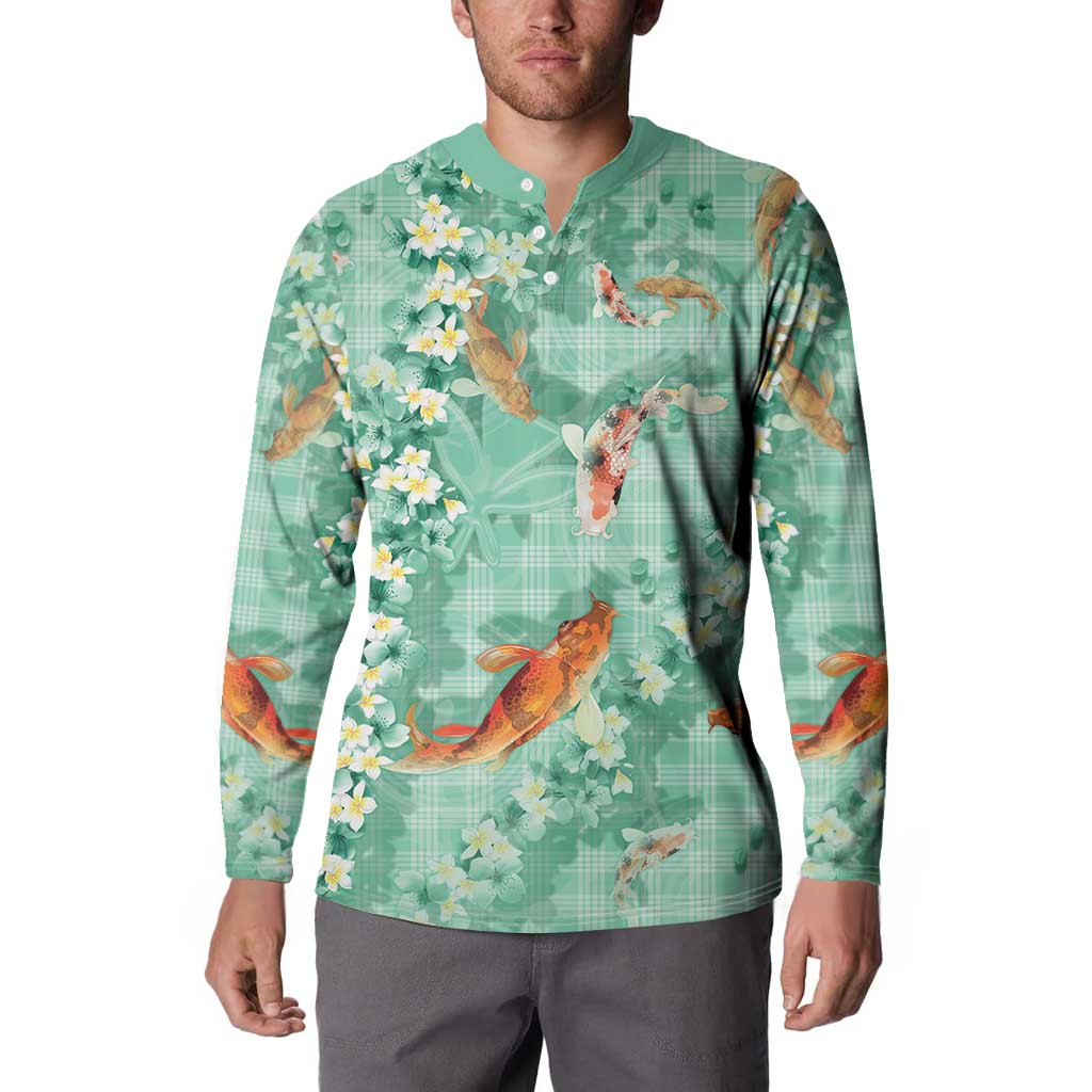 Green Palaka Hawaiian And Japanese Button Sweatshirt Sakura Lei With Koi Fish - Polynesian Pride