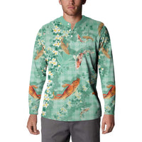 Green Palaka Hawaiian And Japanese Button Sweatshirt Sakura Lei With Koi Fish - Polynesian Pride