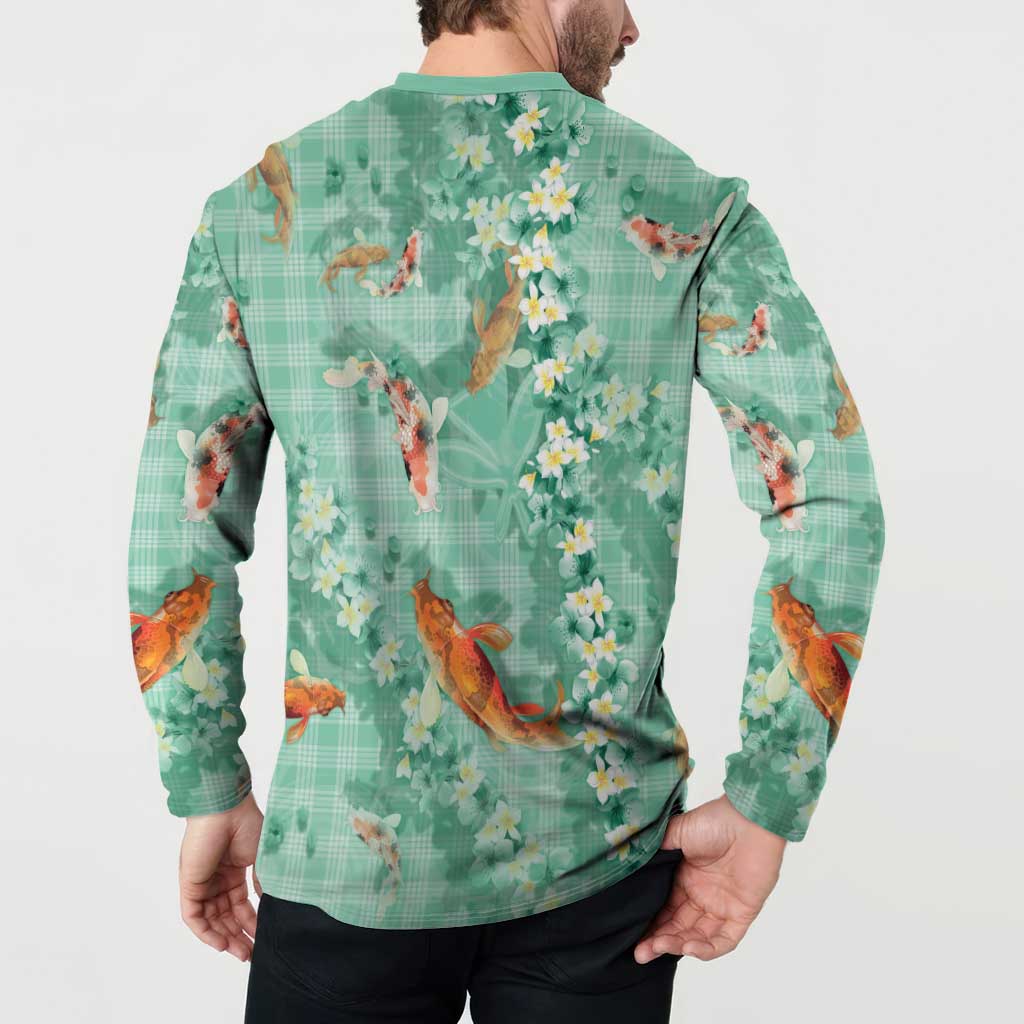Green Palaka Hawaiian And Japanese Button Sweatshirt Sakura Lei With Koi Fish - Polynesian Pride