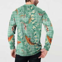 Green Palaka Hawaiian And Japanese Button Sweatshirt Sakura Lei With Koi Fish - Polynesian Pride