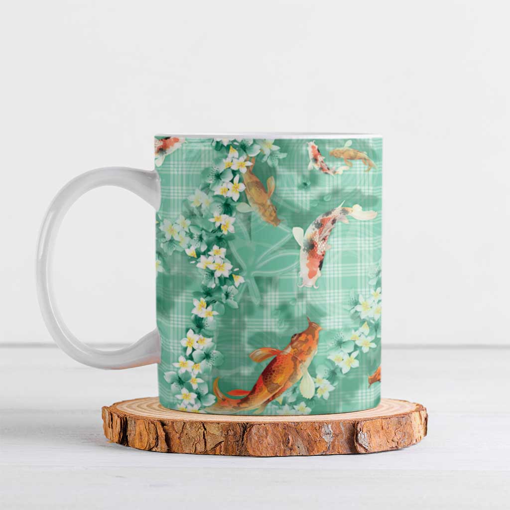 Green Palaka Hawaiian And Japanese Ceramic Mug Sakura Lei With Koi Fish - Polynesian Pride