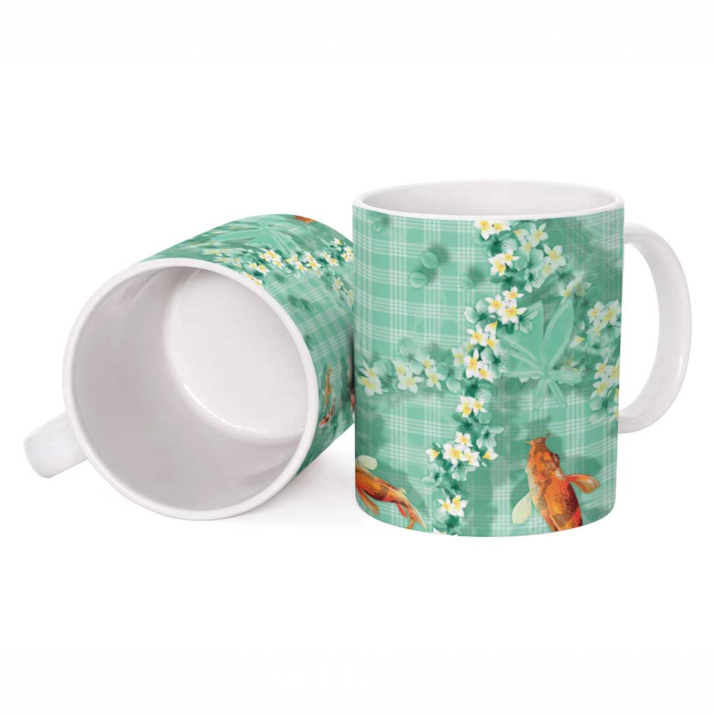 Green Palaka Hawaiian And Japanese Ceramic Mug Sakura Lei With Koi Fish - Polynesian Pride