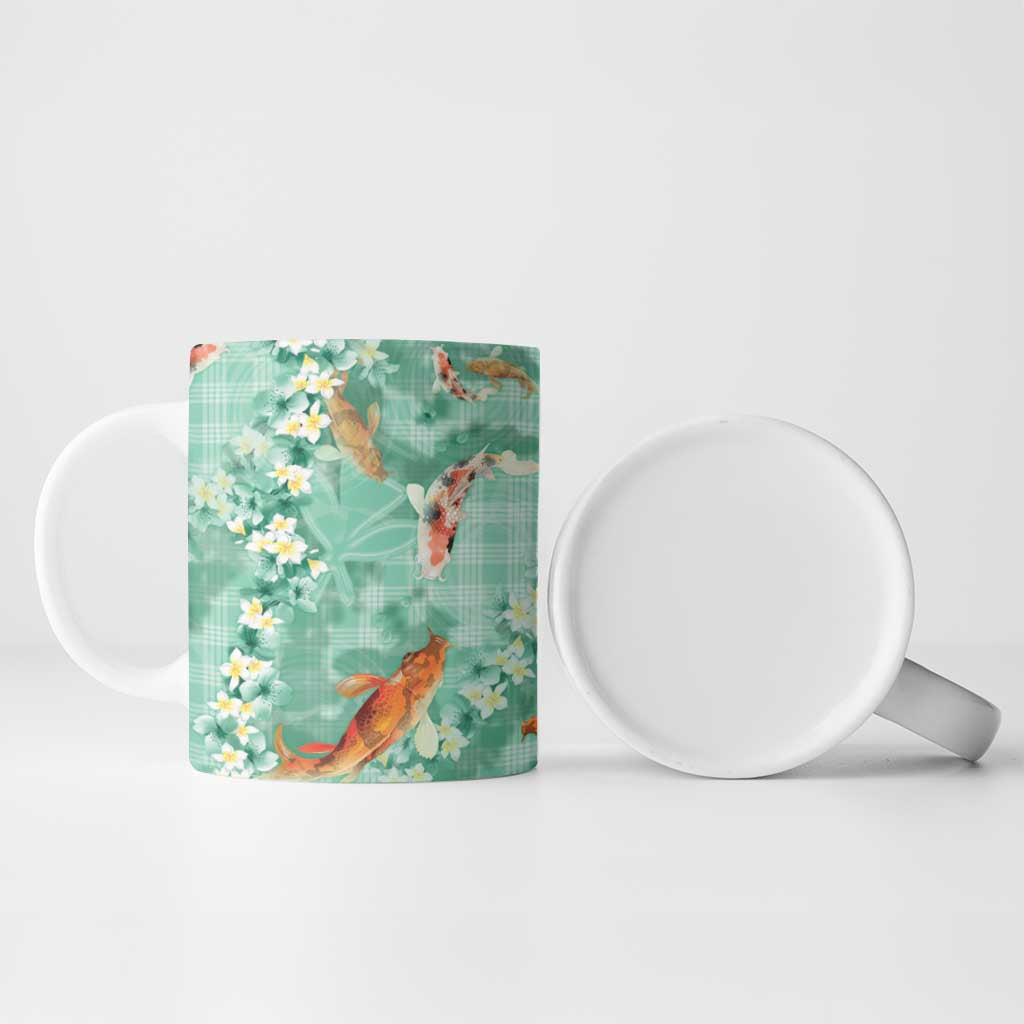 Green Palaka Hawaiian And Japanese Ceramic Mug Sakura Lei With Koi Fish - Polynesian Pride
