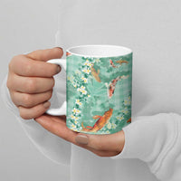 Green Palaka Hawaiian And Japanese Ceramic Mug Sakura Lei With Koi Fish - Polynesian Pride