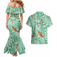 Green Palaka Hawaiian And Japanese Couples Matching Mermaid Dress and Hawaiian Shirt Sakura Lei With Koi Fish - Polynesian Pride