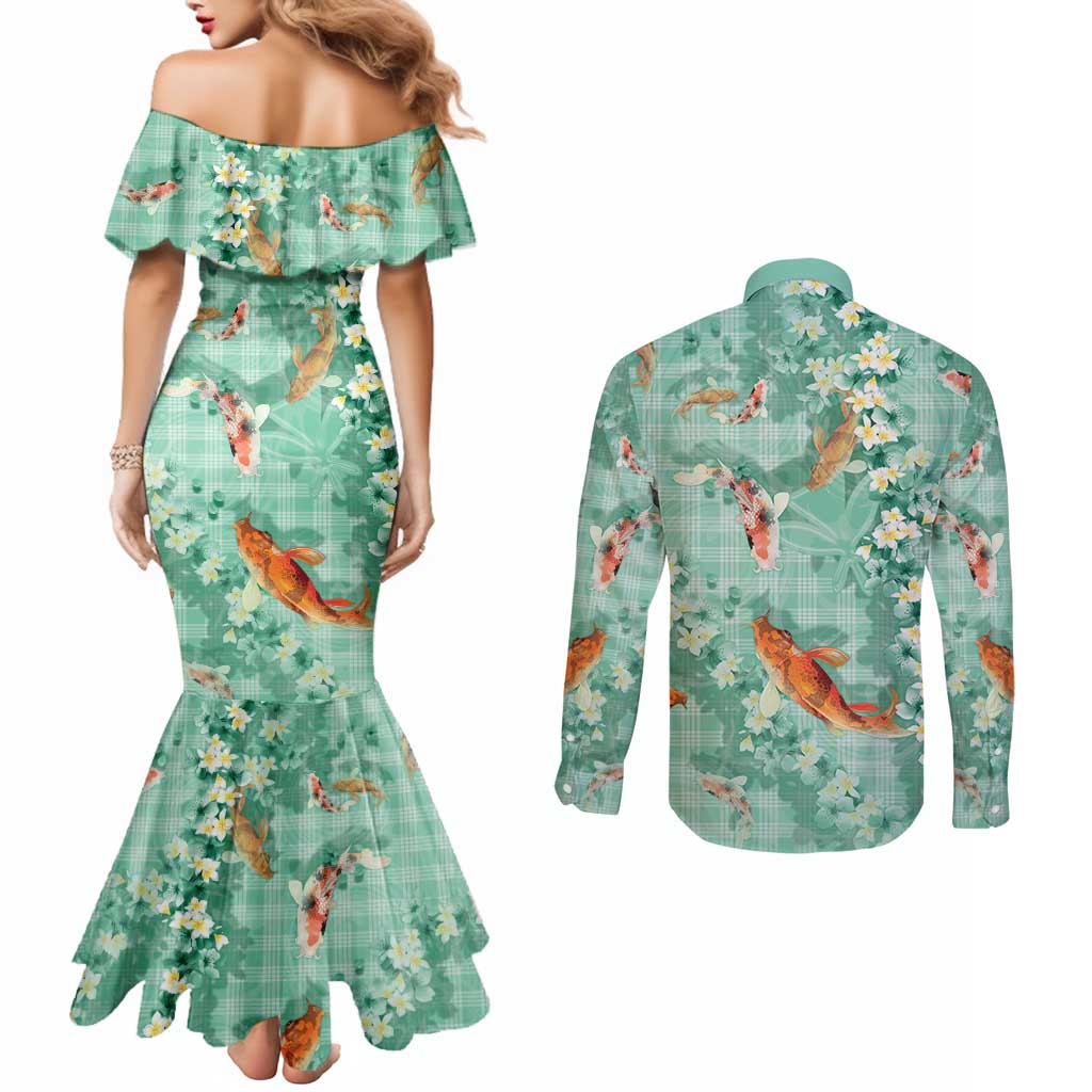 Green Palaka Hawaiian And Japanese Couples Matching Mermaid Dress and Long Sleeve Button Shirt Sakura Lei With Koi Fish - Polynesian Pride