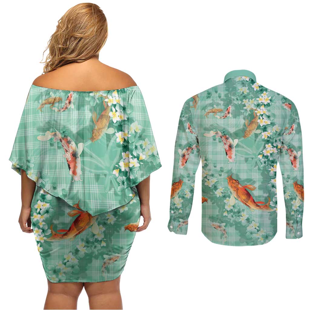 Green Palaka Hawaiian And Japanese Couples Matching Off Shoulder Short Dress and Long Sleeve Button Shirt Sakura Lei With Koi Fish - Polynesian Pride