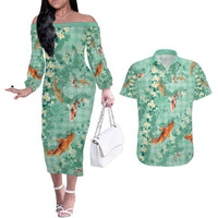 Green Palaka Hawaiian And Japanese Couples Matching Off The Shoulder Long Sleeve Dress and Hawaiian Shirt Sakura Lei With Koi Fish - Polynesian Pride