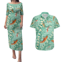 Green Palaka Hawaiian And Japanese Couples Matching Puletasi and Hawaiian Shirt Sakura Lei With Koi Fish - Polynesian Pride