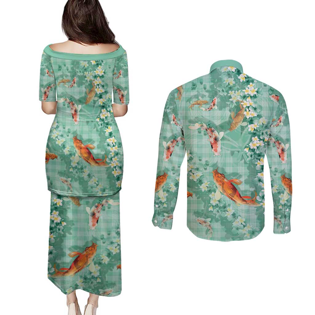 Green Palaka Hawaiian And Japanese Couples Matching Puletasi and Long Sleeve Button Shirt Sakura Lei With Koi Fish - Polynesian Pride