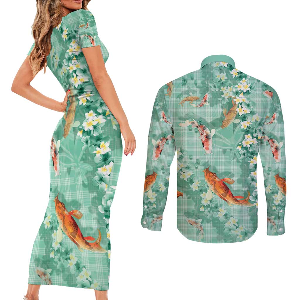 Green Palaka Hawaiian And Japanese Couples Matching Short Sleeve Bodycon Dress and Long Sleeve Button Shirt Sakura Lei With Koi Fish - Polynesian Pride