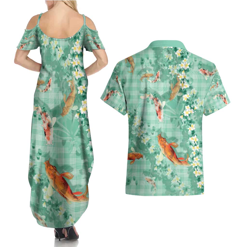 Green Palaka Hawaiian And Japanese Couples Matching Summer Maxi Dress and Hawaiian Shirt Sakura Lei With Koi Fish - Polynesian Pride