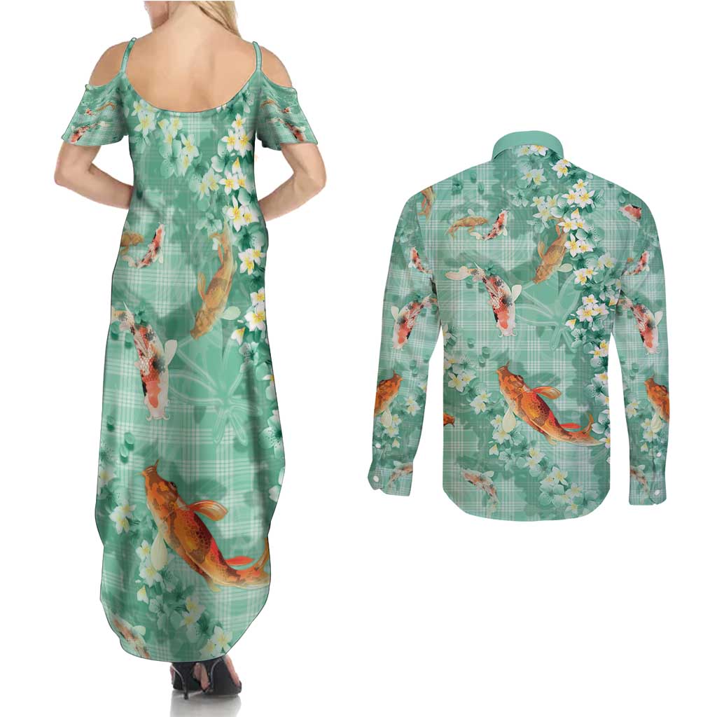Green Palaka Hawaiian And Japanese Couples Matching Summer Maxi Dress and Long Sleeve Button Shirt Sakura Lei With Koi Fish - Polynesian Pride