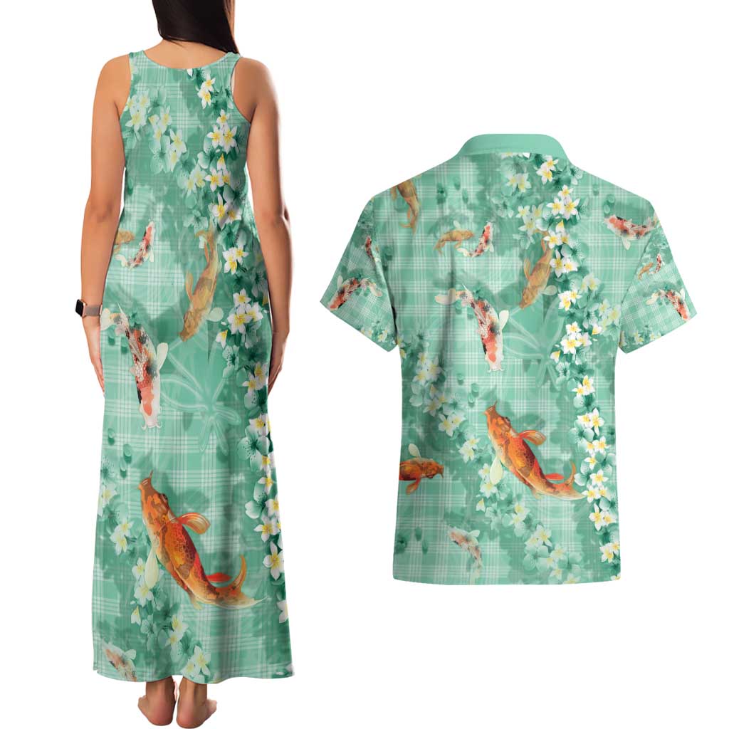 Green Palaka Hawaiian And Japanese Couples Matching Tank Maxi Dress and Hawaiian Shirt Sakura Lei With Koi Fish - Polynesian Pride