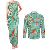 Green Palaka Hawaiian And Japanese Couples Matching Tank Maxi Dress and Long Sleeve Button Shirt Sakura Lei With Koi Fish - Polynesian Pride