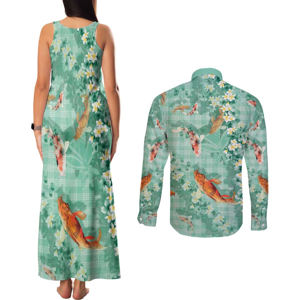 Green Palaka Hawaiian And Japanese Couples Matching Tank Maxi Dress and Long Sleeve Button Shirt Sakura Lei With Koi Fish - Polynesian Pride