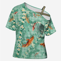 Green Palaka Hawaiian And Japanese Cross Shoulder Shirt Sakura Lei With Koi Fish - Polynesian Pride