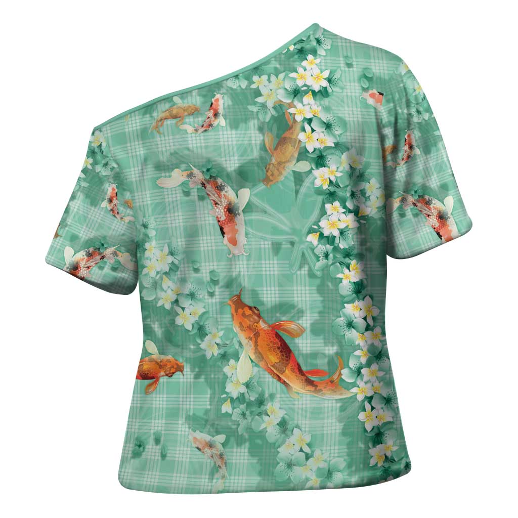 Green Palaka Hawaiian And Japanese Cross Shoulder Shirt Sakura Lei With Koi Fish - Polynesian Pride