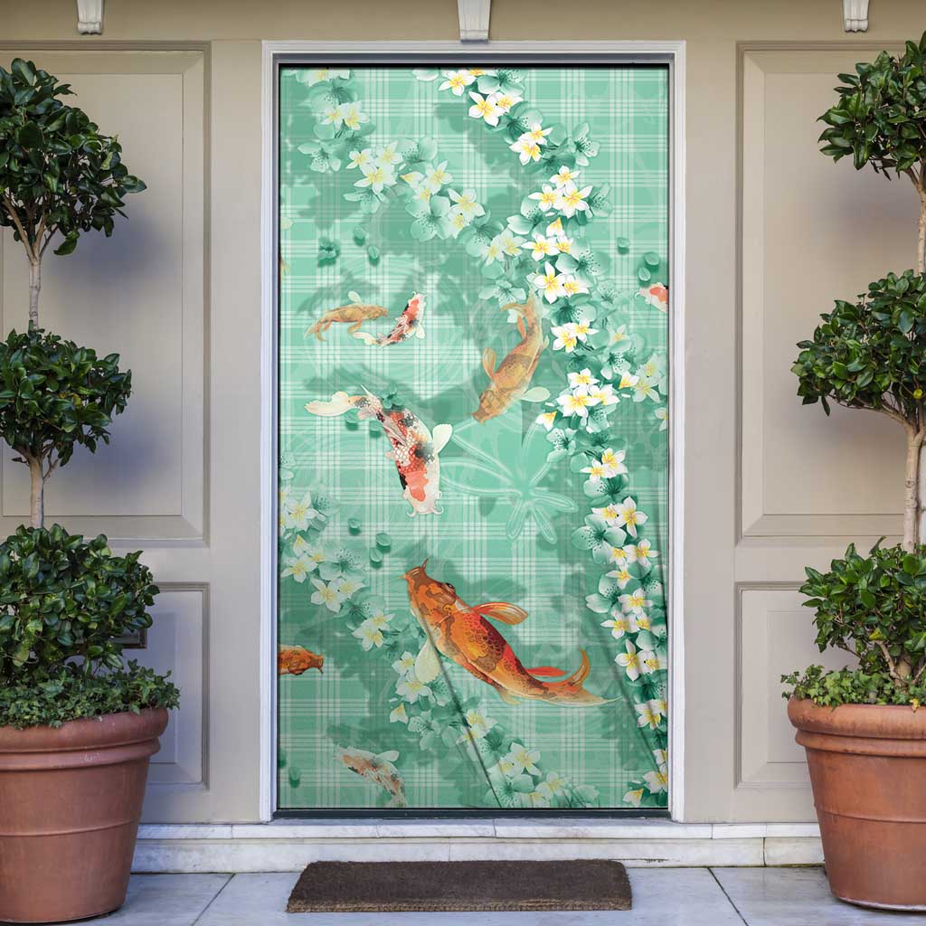 Green Palaka Hawaiian And Japanese Door Cover Sakura Lei With Koi Fish - Polynesian Pride