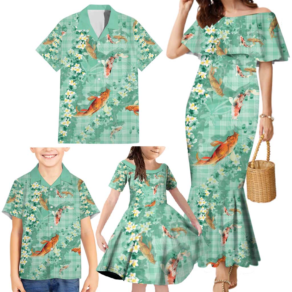 Green Palaka Hawaiian And Japanese Family Matching Mermaid Dress and Hawaiian Shirt Sakura Lei With Koi Fish - Polynesian Pride