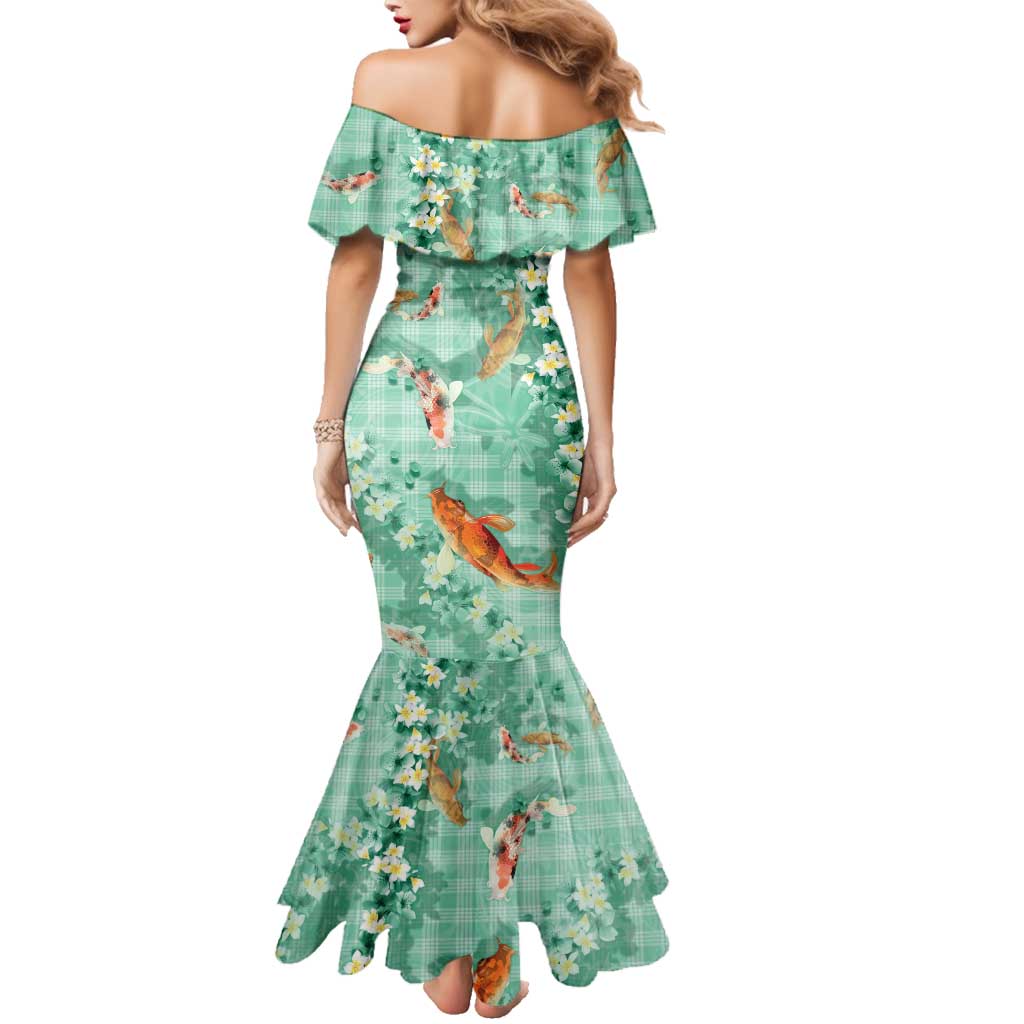 Green Palaka Hawaiian And Japanese Family Matching Mermaid Dress and Hawaiian Shirt Sakura Lei With Koi Fish - Polynesian Pride