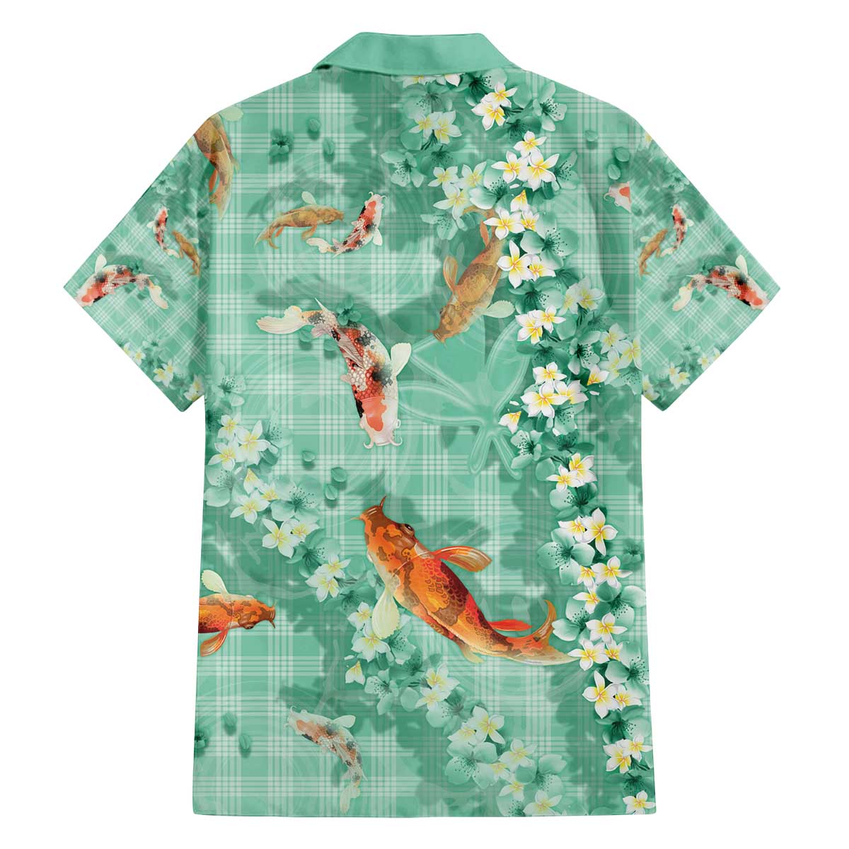 Green Palaka Hawaiian And Japanese Family Matching Off The Shoulder Long Sleeve Dress and Hawaiian Shirt Sakura Lei With Koi Fish - Polynesian Pride