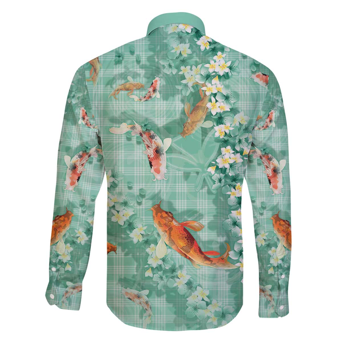 Green Palaka Hawaiian And Japanese Family Matching Off The Shoulder Long Sleeve Dress and Hawaiian Shirt Sakura Lei With Koi Fish - Polynesian Pride