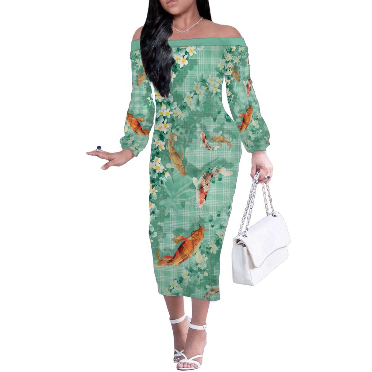 Green Palaka Hawaiian And Japanese Family Matching Off The Shoulder Long Sleeve Dress and Hawaiian Shirt Sakura Lei With Koi Fish - Polynesian Pride