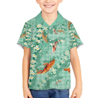 Green Palaka Hawaiian And Japanese Family Matching Off The Shoulder Long Sleeve Dress and Hawaiian Shirt Sakura Lei With Koi Fish - Polynesian Pride