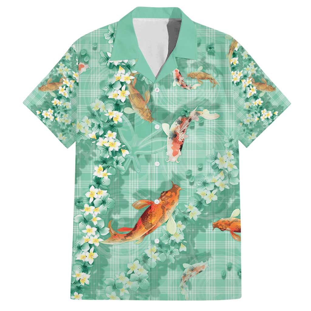 Green Palaka Hawaiian And Japanese Family Matching Off Shoulder Short Dress and Hawaiian Shirt Sakura Lei With Koi Fish - Polynesian Pride