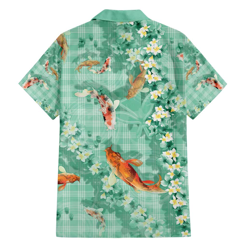 Green Palaka Hawaiian And Japanese Family Matching Off Shoulder Short Dress and Hawaiian Shirt Sakura Lei With Koi Fish - Polynesian Pride