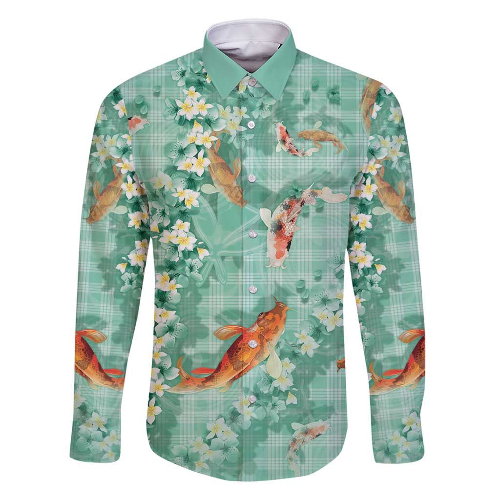Green Palaka Hawaiian And Japanese Family Matching Off Shoulder Short Dress and Hawaiian Shirt Sakura Lei With Koi Fish - Polynesian Pride