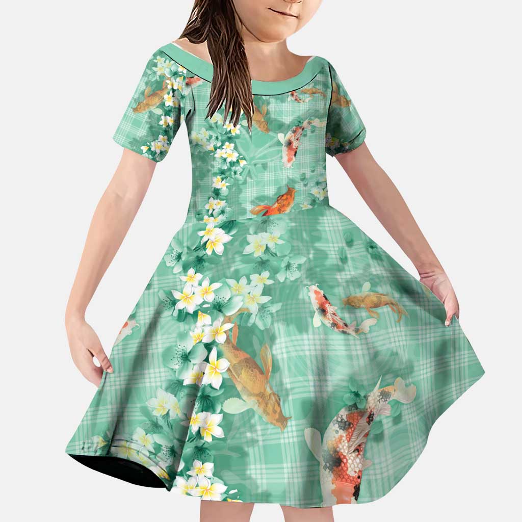 Green Palaka Hawaiian And Japanese Family Matching Puletasi and Hawaiian Shirt Sakura Lei With Koi Fish DT05 Daughter's Dress Green - Polynesian Pride