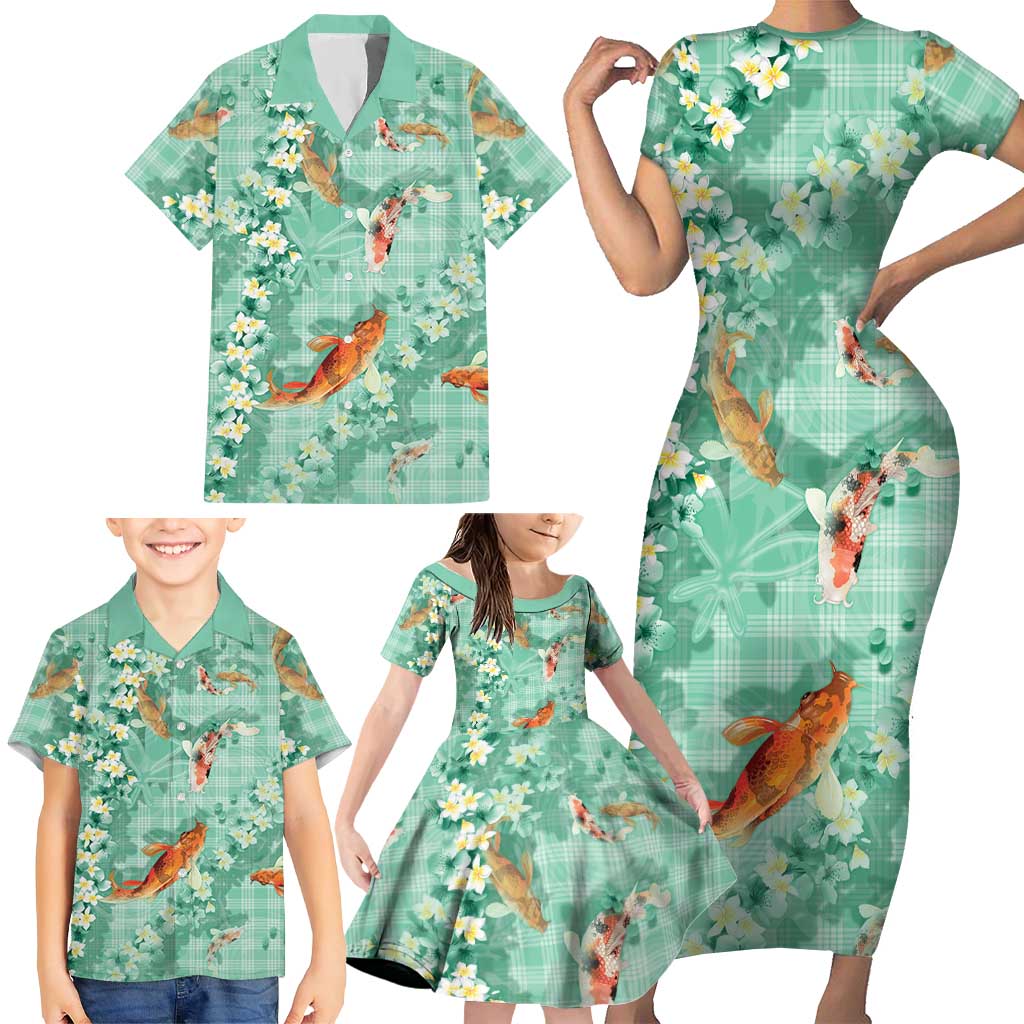 Green Palaka Hawaiian And Japanese Family Matching Short Sleeve Bodycon Dress and Hawaiian Shirt Sakura Lei With Koi Fish DT05 - Polynesian Pride